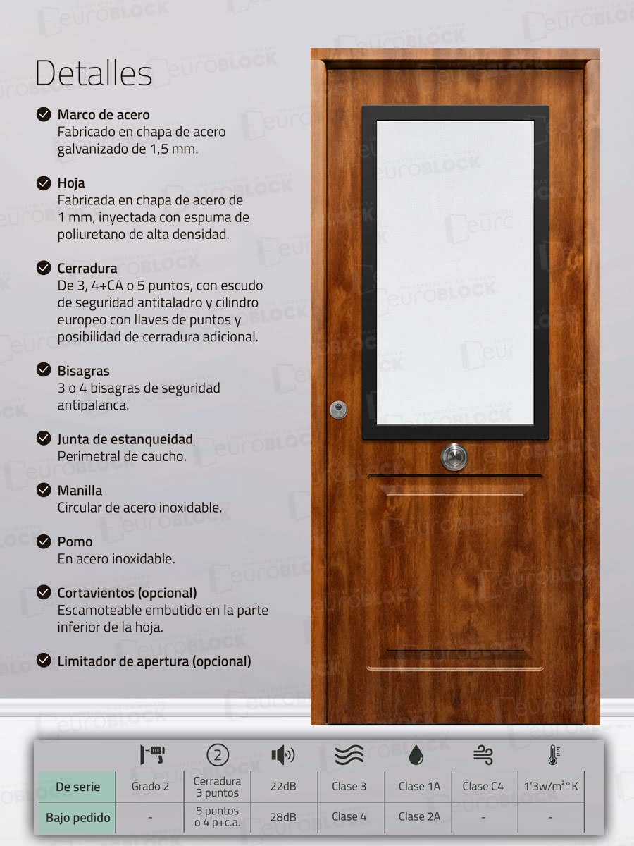 Puerta Galvanizada Metálica Clas-CR | 1110 Saga 100 Cristal Embero (Cara Interior Lisa)